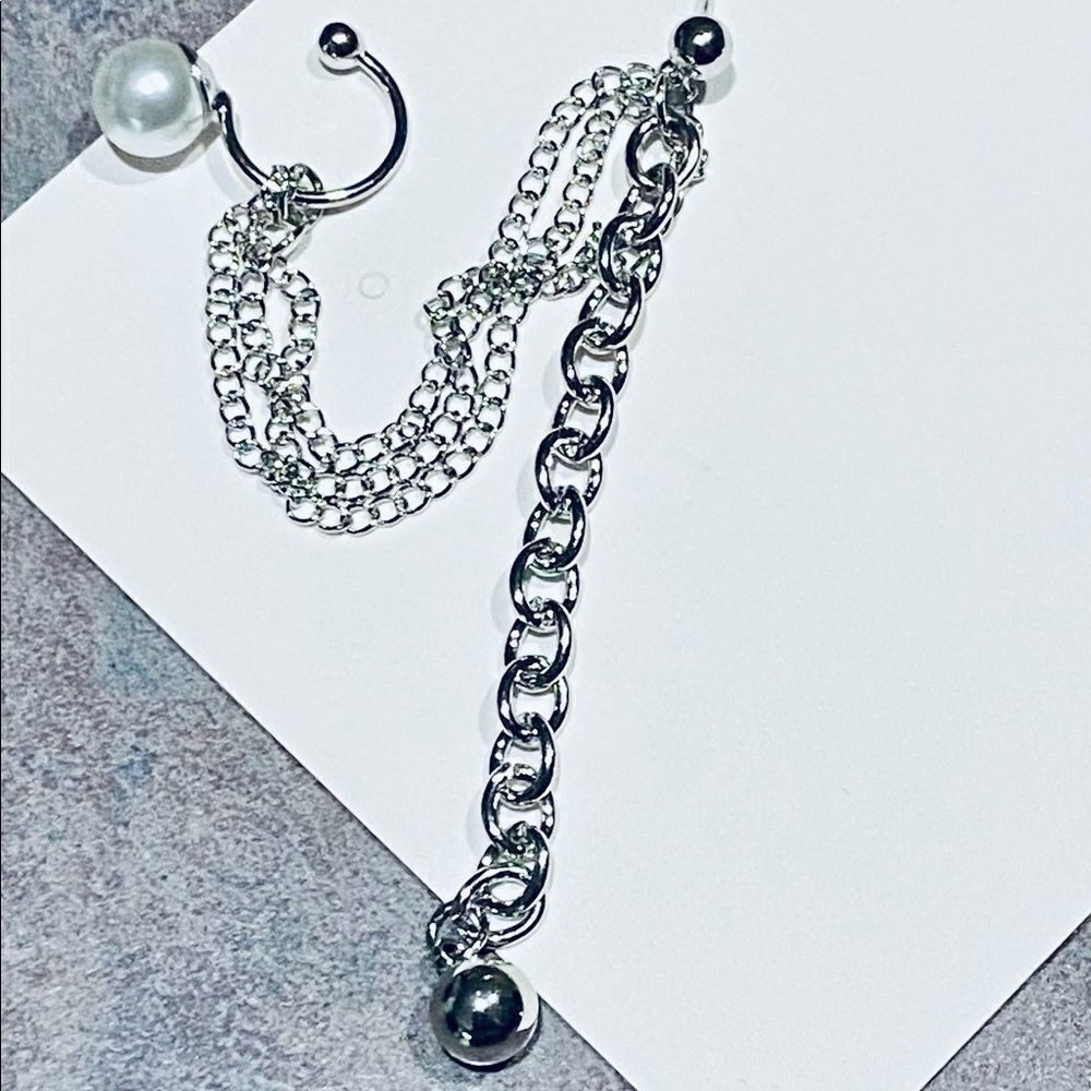 Silver Post Earring Multi Chain With Pearl Ear Cuff